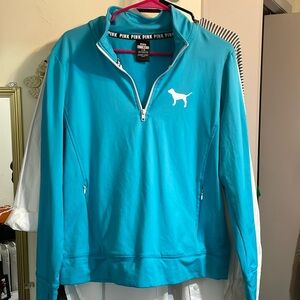 PINK half zip, turquoise blue pullover. Stretchy size large. No stains or tears